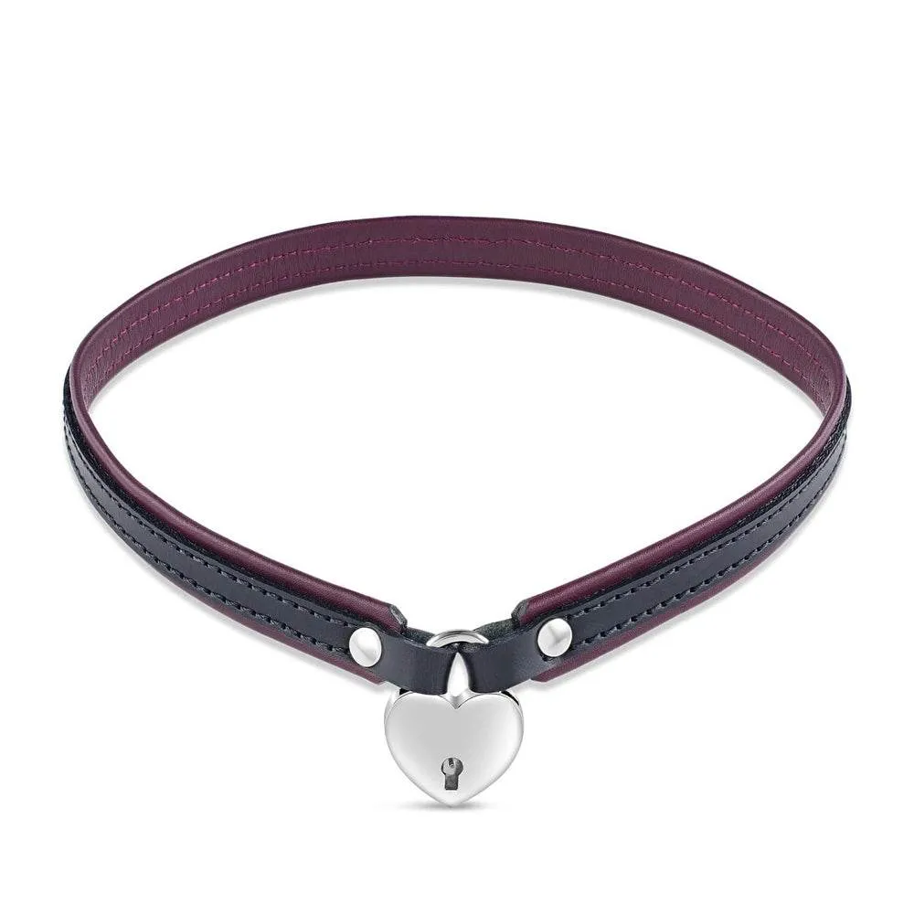 Leren daghalsband met hartslot zwart/bordeauxrood (IP67)