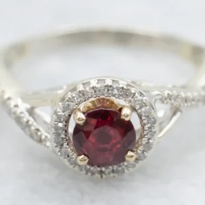 Modern Ruby and Diamond Halo Twisted Shank Ring