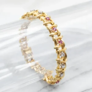 Textured Gold Ruby and Diamond Link Bracelet