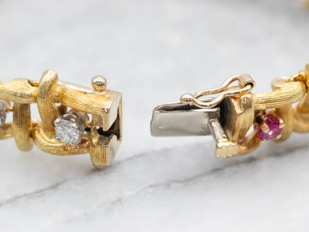 Textured Gold Ruby and Diamond Link Bracelet