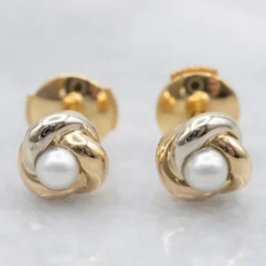 Twisted Yellow Goud Pearl Stud Earrings