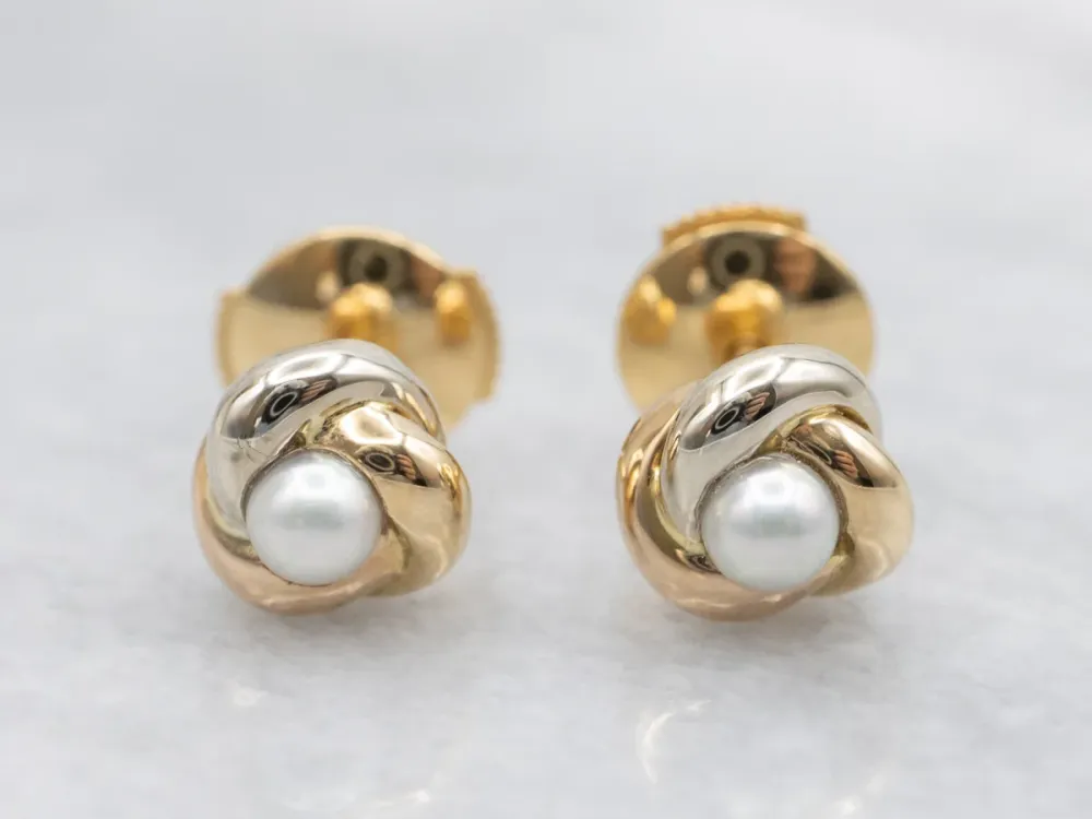 Twisted Yellow Goud Pearl Stud Earrings