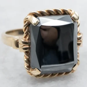 Vintage Gold Hematite Solitaire Ring Twisted Shoulders