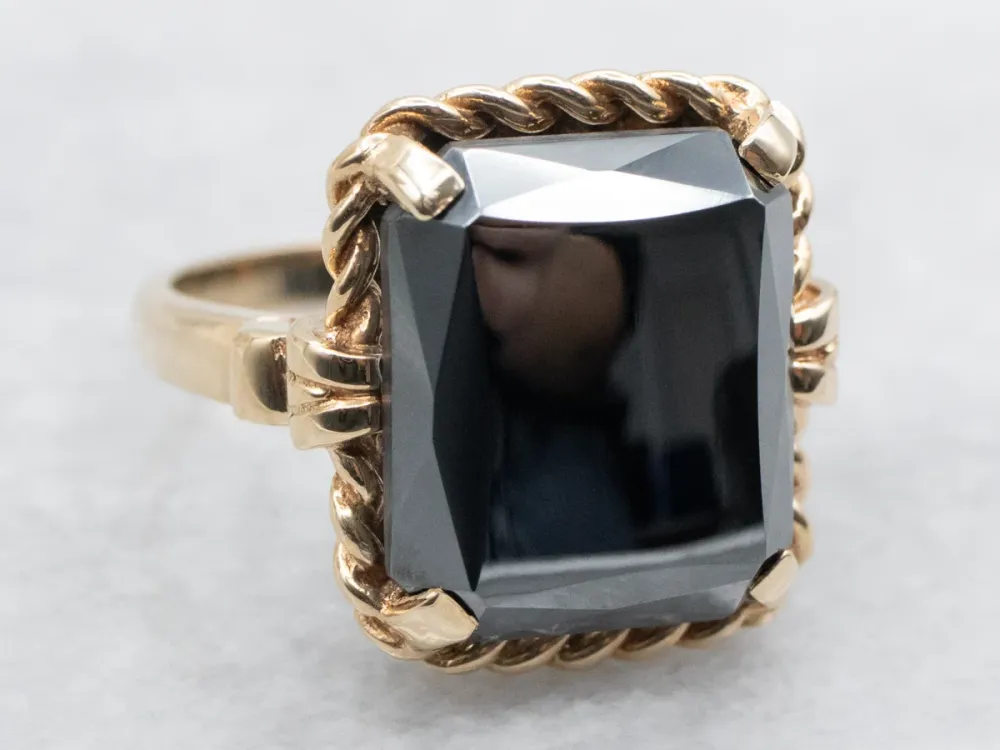 Vintage Gold Hematite Solitaire Ring Twisted Shoulders