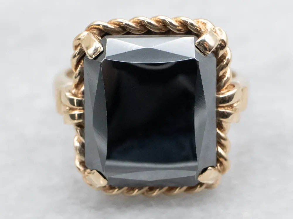 Vintage Gold Hematite Solitaire Ring Twisted Shoulders