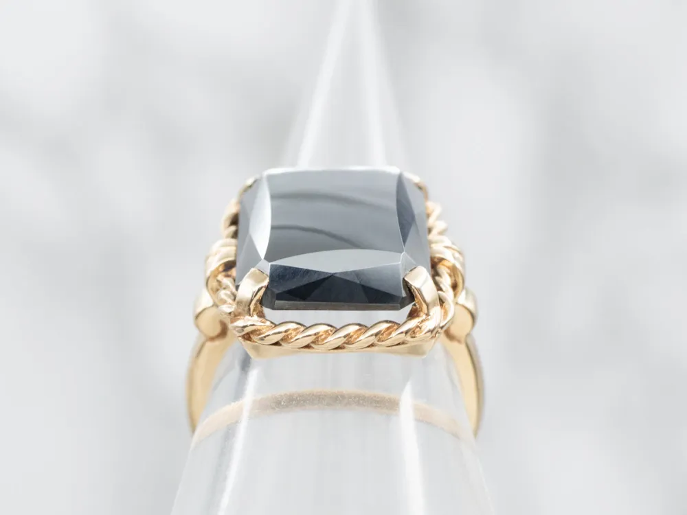 Vintage Gold Hematite Solitaire Ring Twisted Shoulders