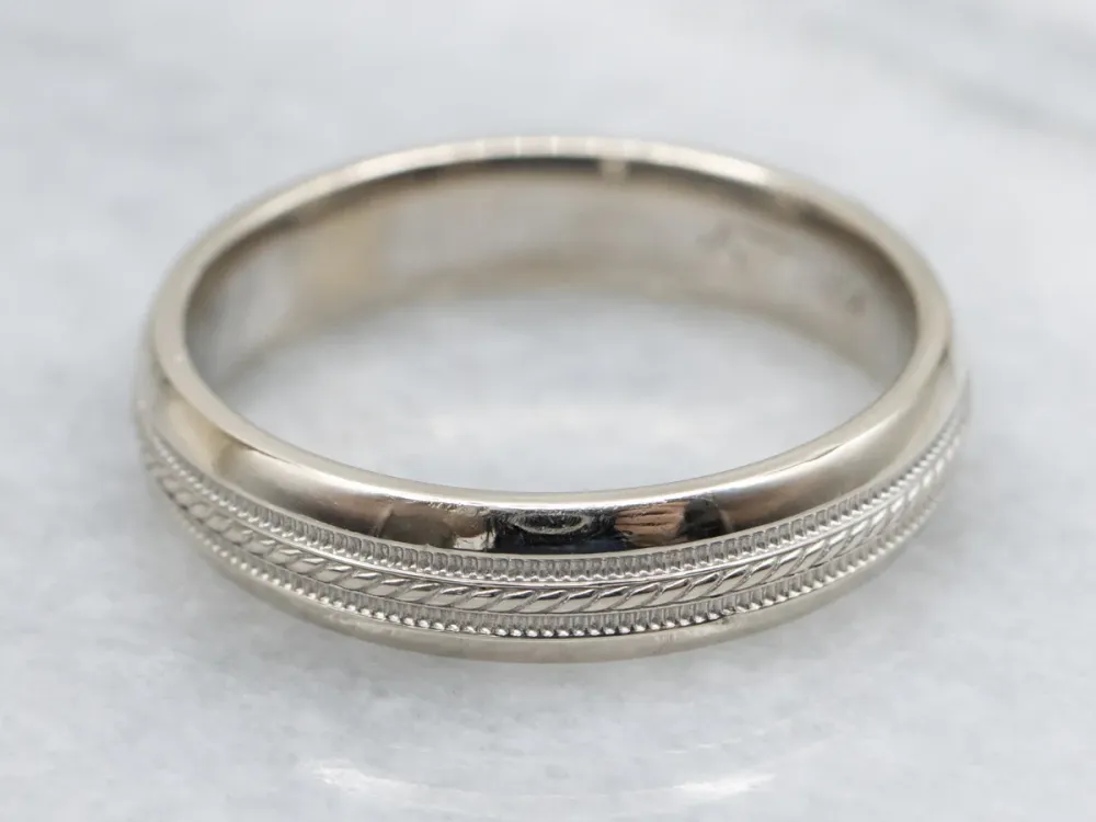 White Gold Wedding Band Rope Twist and Milgrain Center