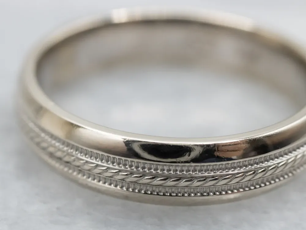 White Gold Wedding Band Rope Twist and Milgrain Center
