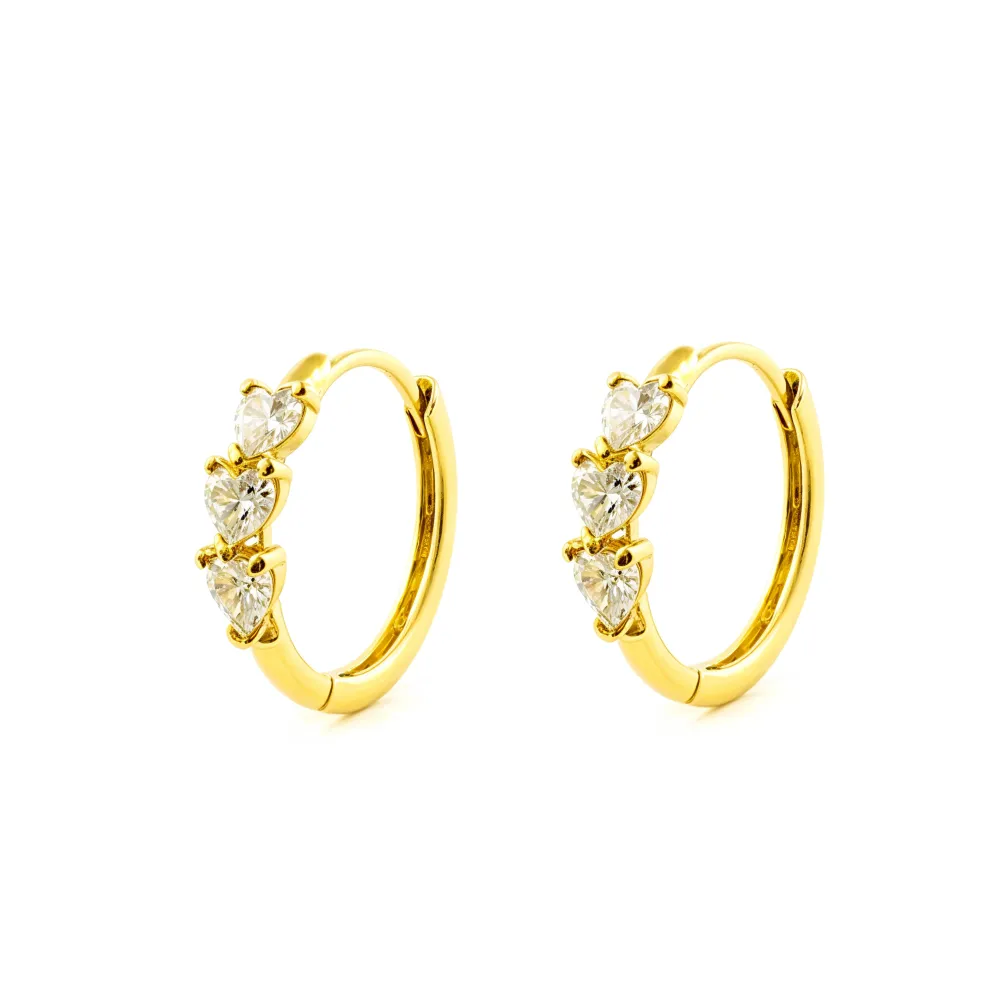 9ct Yellow Goud Round Hoop Hearts Cubic Zirconia Shine Earrings 14.5 x 3 mm
