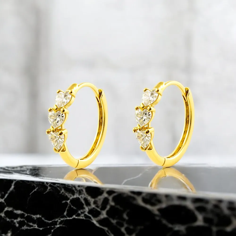 9ct Yellow Goud Round Hoop Hearts Cubic Zirconia Shine Earrings 14.5 x 3 mm