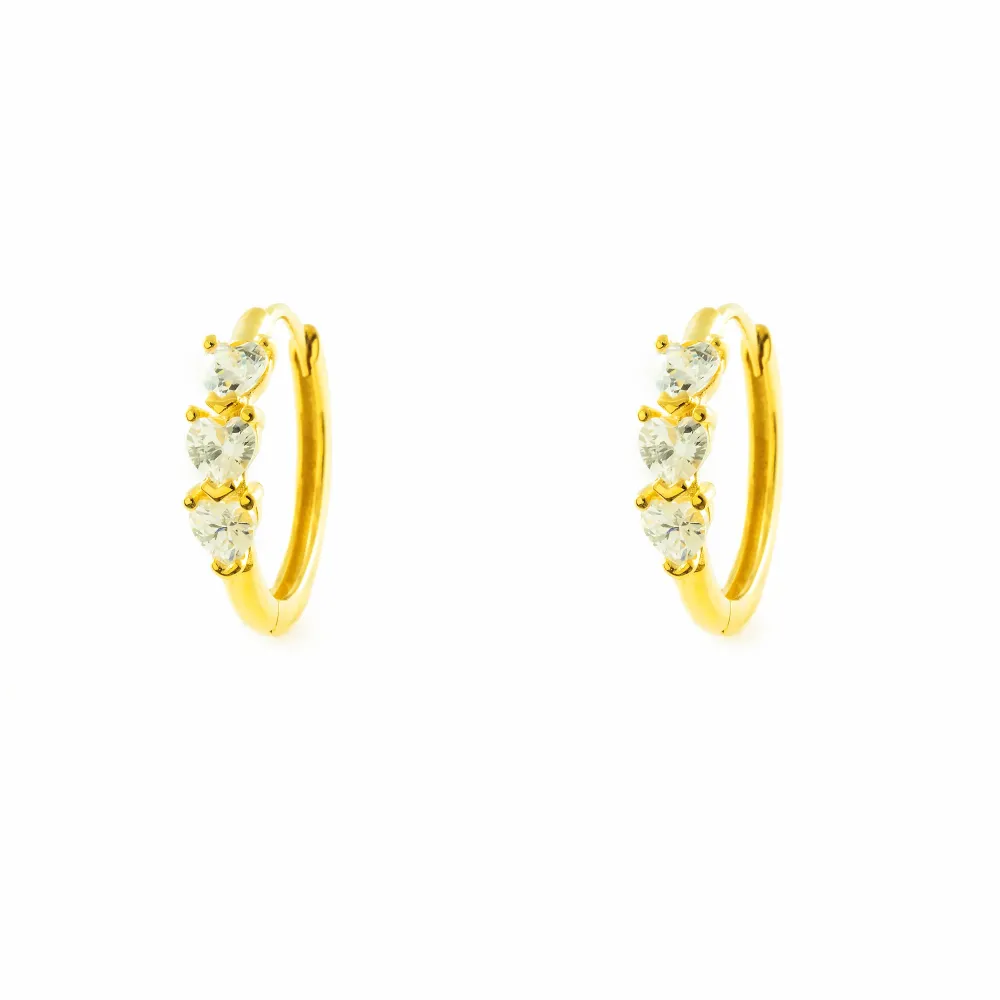 9ct Yellow Goud Round Hoop Hearts Cubic Zirconia Shine Earrings 14.5 x 3 mm