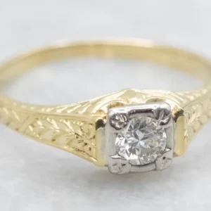 Antique Diamond Solitaire Ring Hand Ingekerfd Shoulders