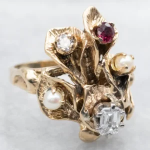 Antique Floral Ring Diamonds, Seed Pearls, and Ruby
