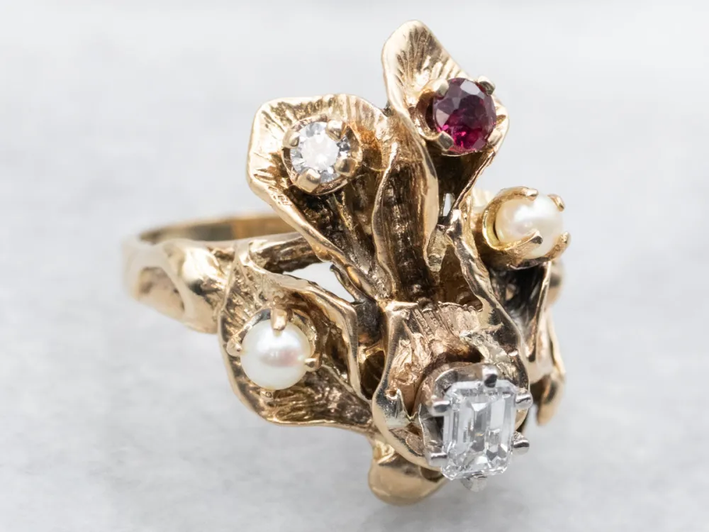 Antique Floral Ring Diamonds, Seed Pearls, and Ruby