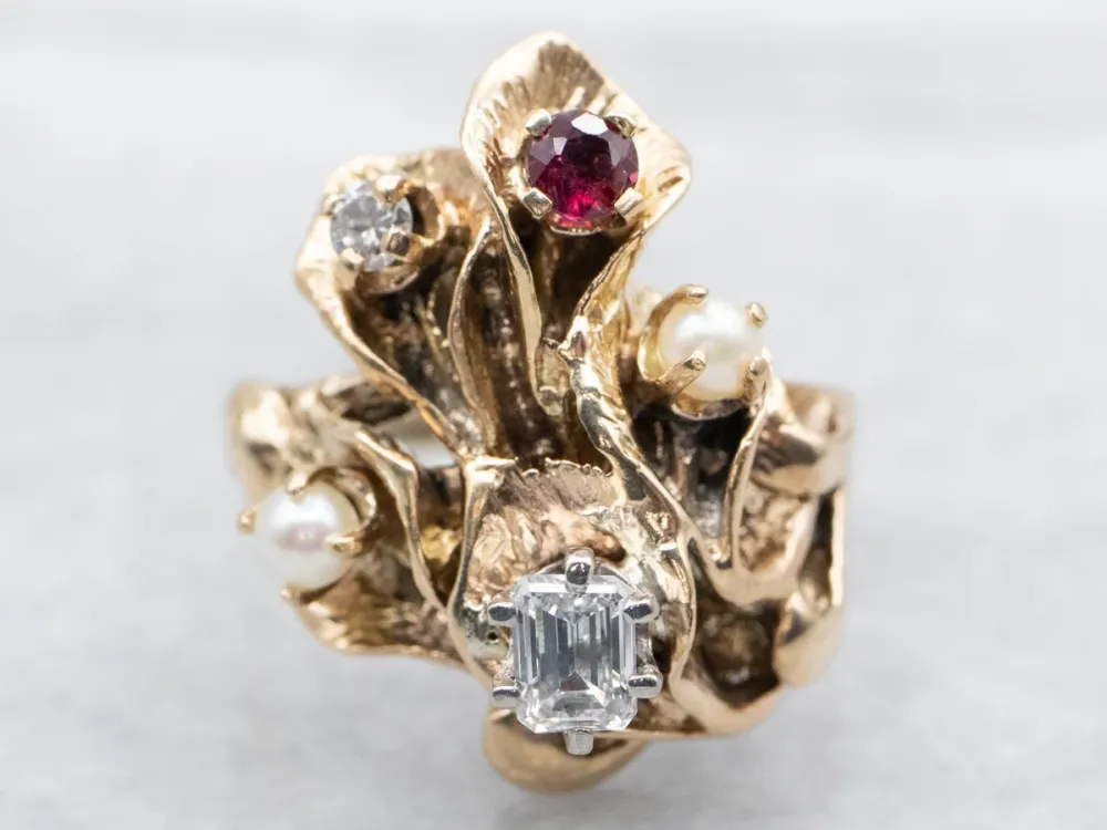 Antique Floral Ring Diamonds, Seed Pearls, and Ruby