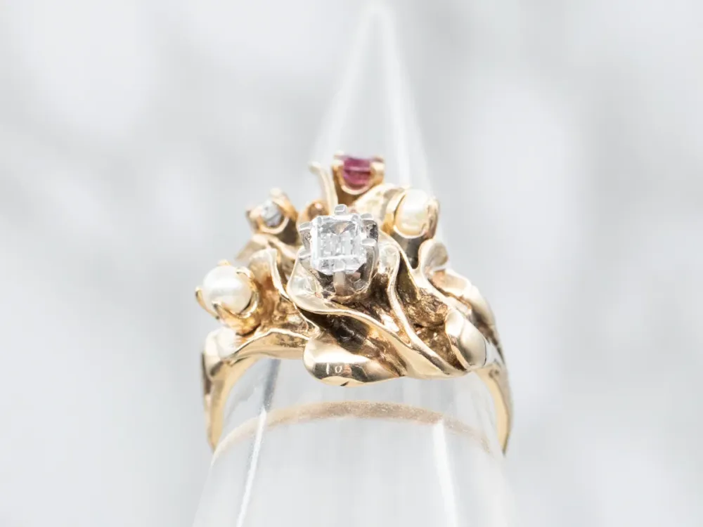 Antique Floral Ring Diamonds, Seed Pearls, and Ruby