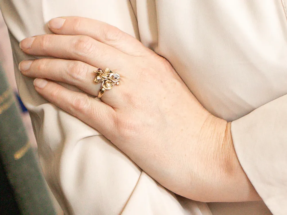 Antique Floral Ring Diamonds, Seed Pearls, and Ruby
