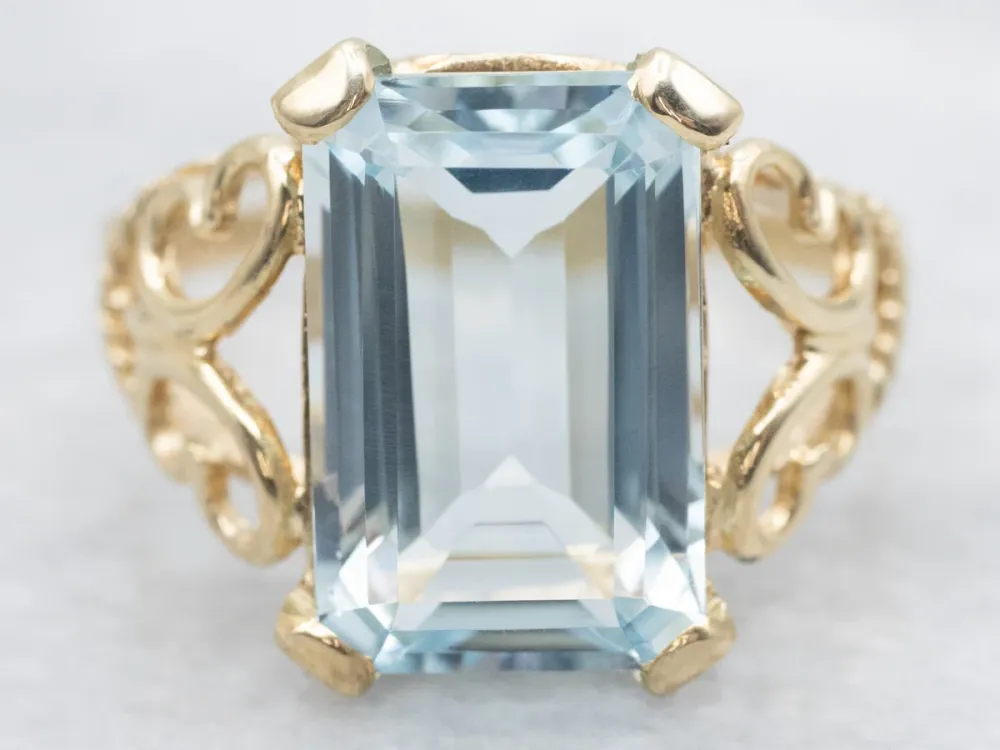 Aquamarine Solitaire Ring Scrolling Openwork Shank