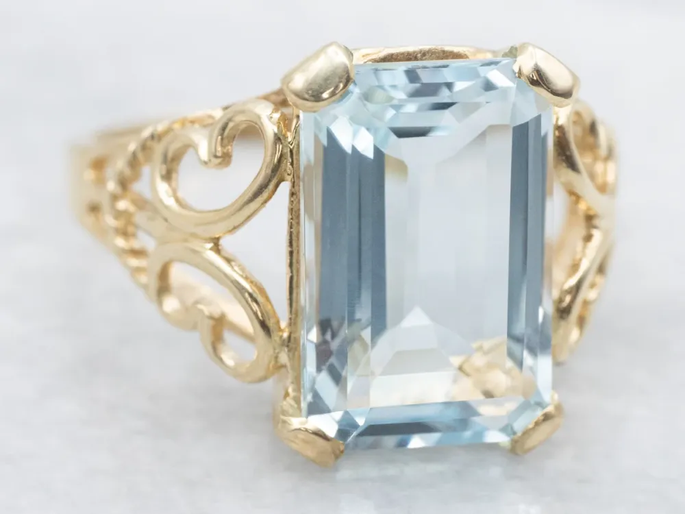 Aquamarine Solitaire Ring Scrolling Openwork Shank