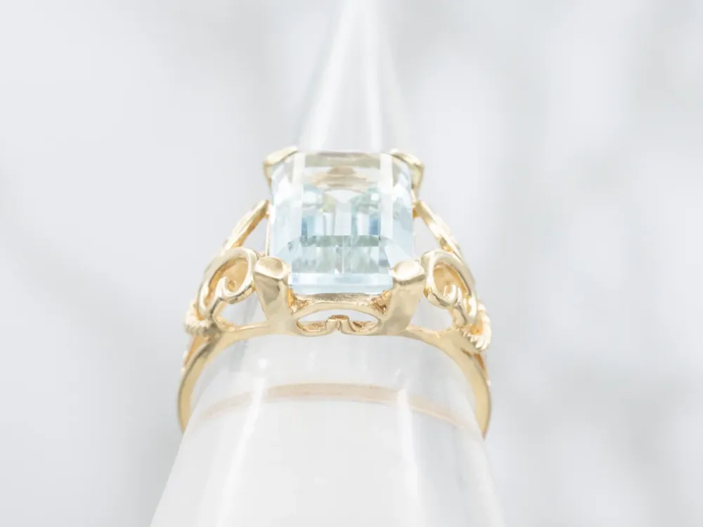 Aquamarine Solitaire Ring Scrolling Openwork Shank