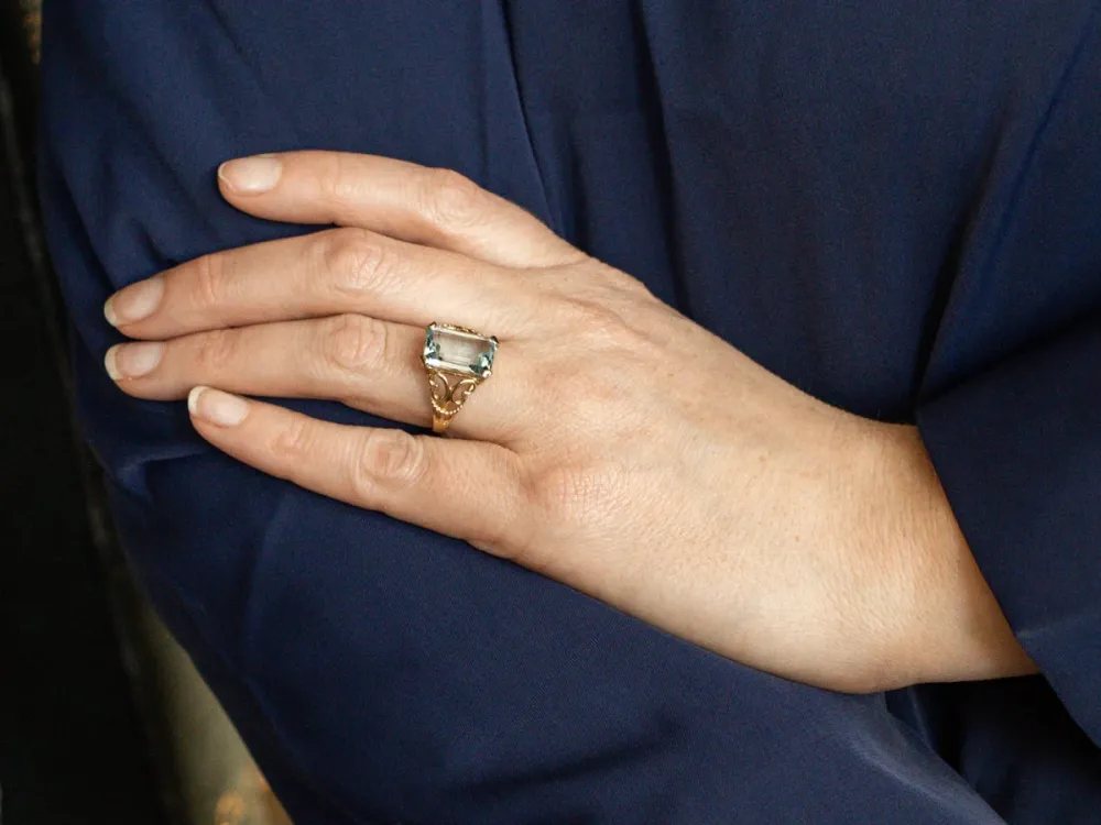 Aquamarine Solitaire Ring Scrolling Openwork Shank