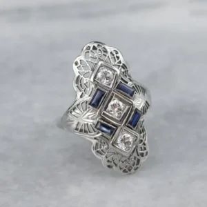 Art Deco Diamond and Synthetic Sapphire Ring | Hoge veerdruk | Temperbestendig