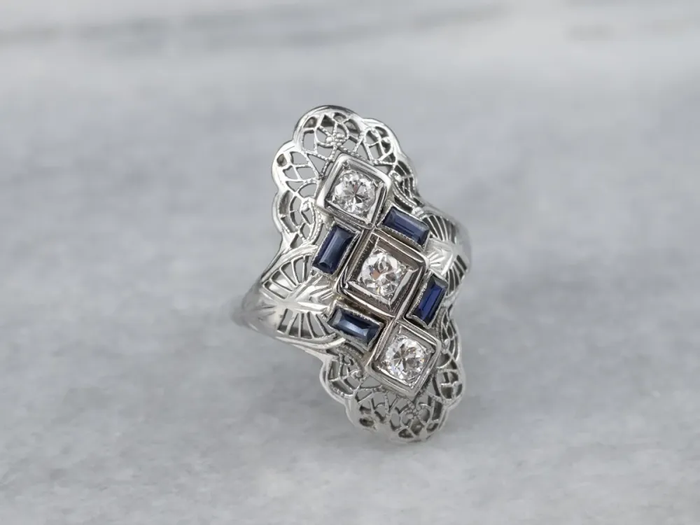 Art Deco Diamond and Synthetic Sapphire Ring | Hoge veerdruk | Temperbestendig