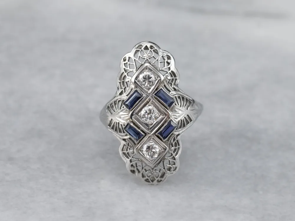 Art Deco Diamond and Synthetic Sapphire Ring | Hoge veerdruk | Temperbestendig