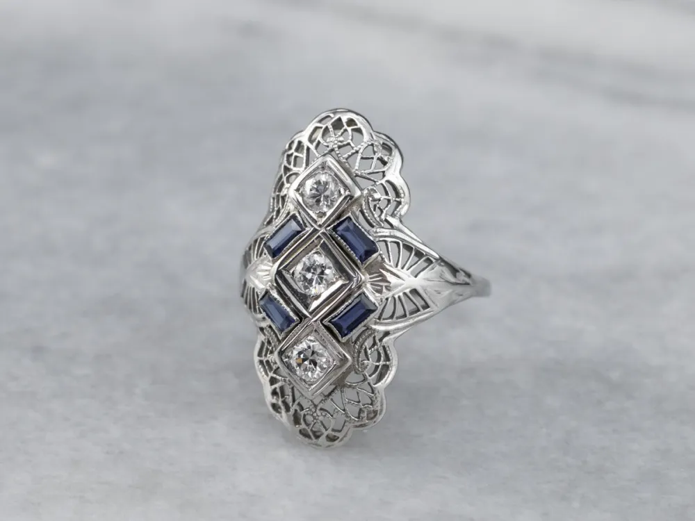 Art Deco Diamond and Synthetic Sapphire Ring | Hoge veerdruk | Temperbestendig
