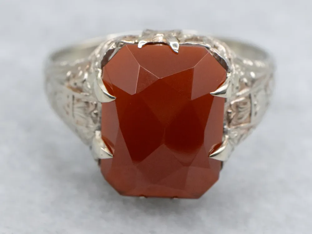 Art Deco Era Faceted Carnelian Ring Ingegraveerd 14K White Gold