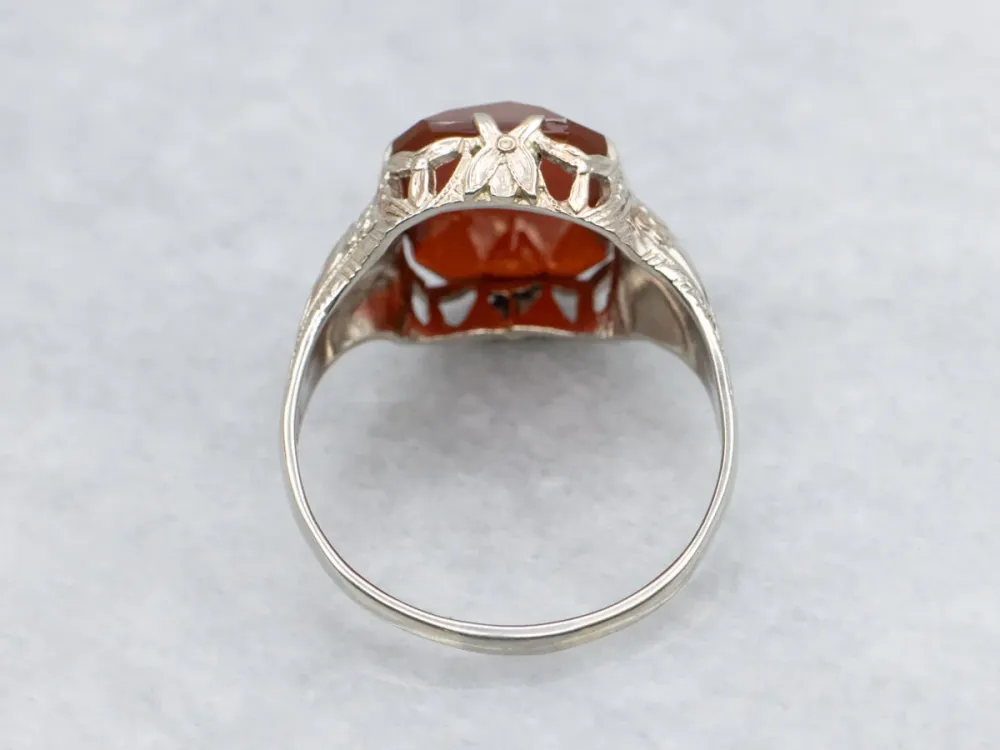 Art Deco Era Faceted Carnelian Ring Ingegraveerd 14K White Gold