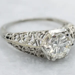 Art Deco White Gold Diamond Filigree Engagement Ring