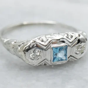 Blue Topaz and Diamond Late Art Deco White Gold Filigree Ring