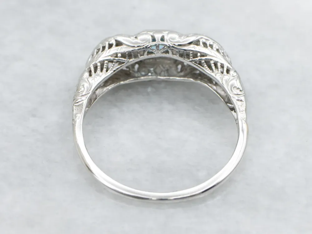 Blue Topaz and Diamond Late Art Deco White Gold Filigree Ring