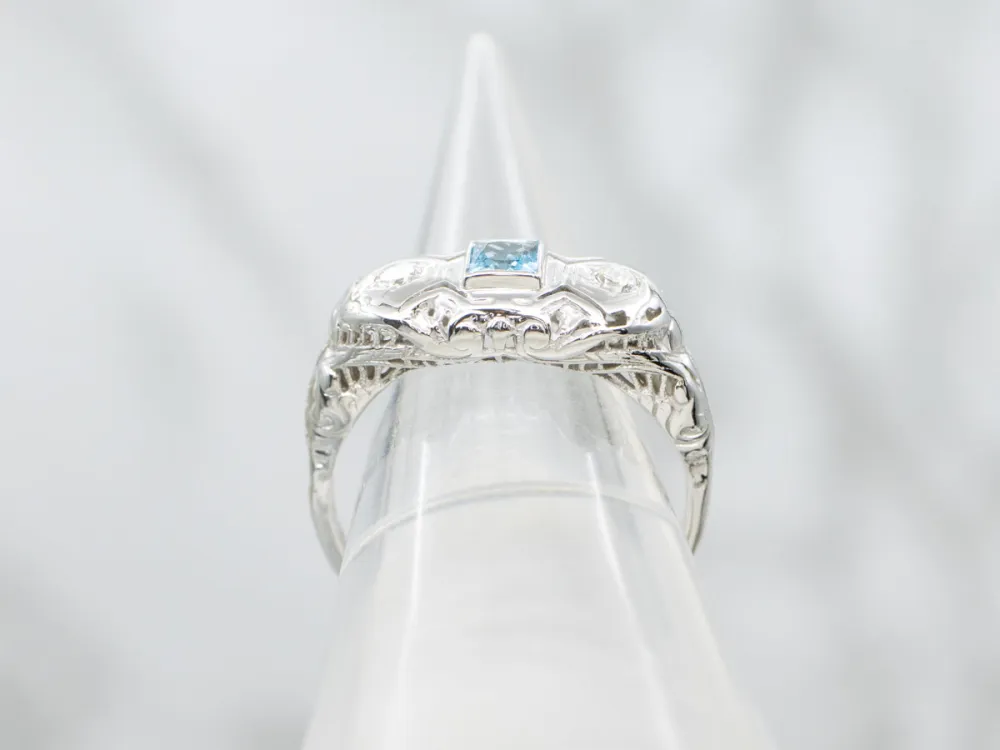 Blue Topaz and Diamond Late Art Deco White Gold Filigree Ring