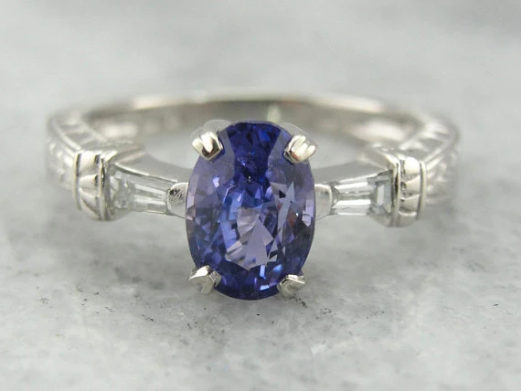 Contemporary Sapphire and Tapered Baguette Diamond Engagement Ring Platinum