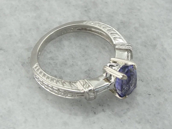 Contemporary Sapphire and Tapered Baguette Diamond Engagement Ring Platinum