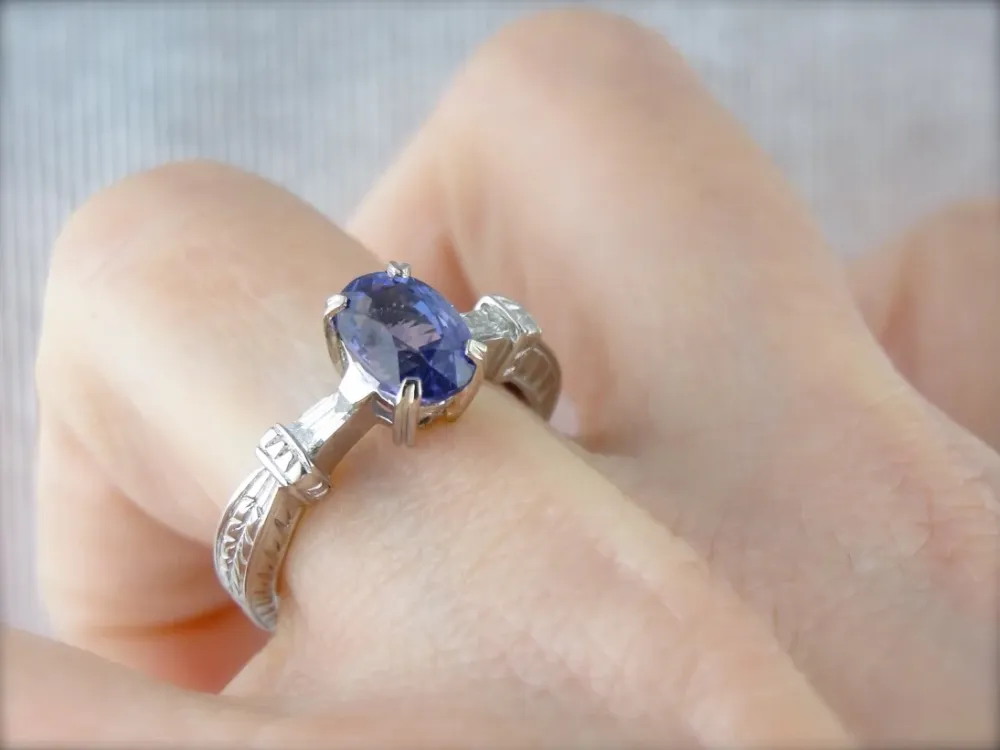 Contemporary Sapphire and Tapered Baguette Diamond Engagement Ring Platinum