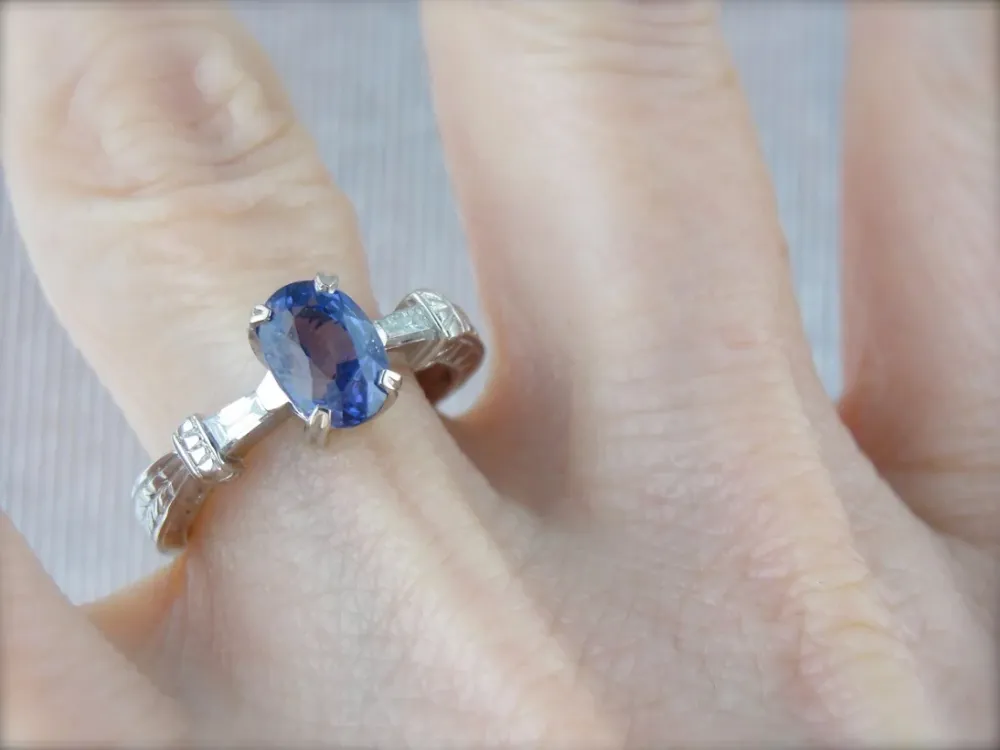 Contemporary Sapphire and Tapered Baguette Diamond Engagement Ring Platinum