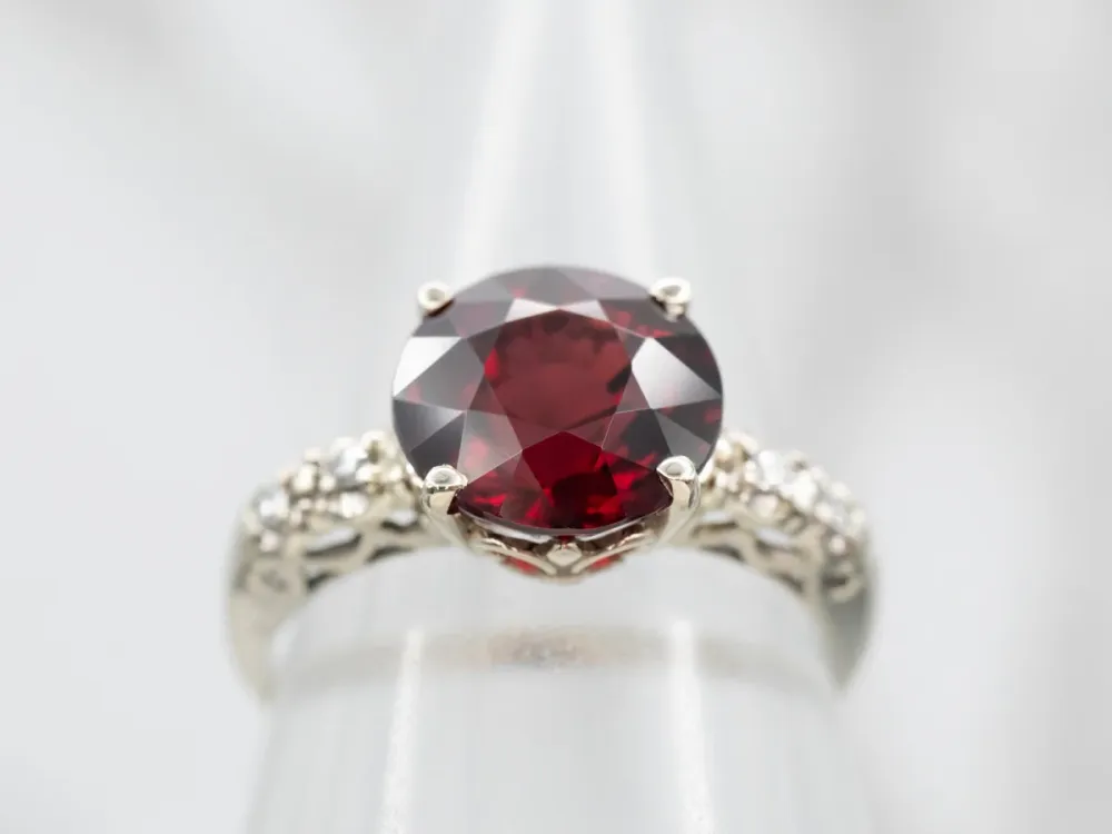 Delicate White Gold Pyrope Garnet Ring Diamond Accents