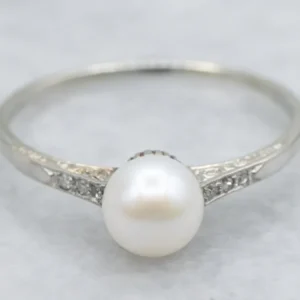 Engraved Gold Pearl and Diamond Antique Ring