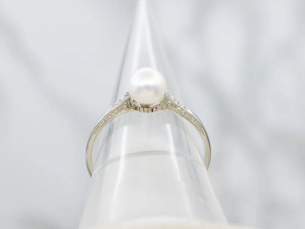 Engraved Gold Pearl and Diamond Antique Ring