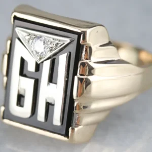 Men's "GH" Monogrammed Diamond and Onyx Ring