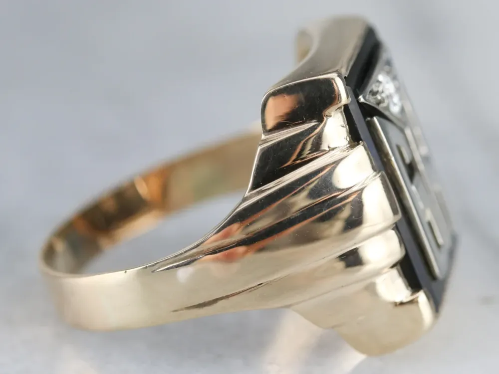 Men's "GH" Monogrammed Diamond and Onyx Ring