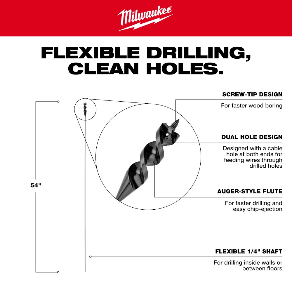 MILWAUKEE 1" X 54" Buigzaam Cable Auger Bit