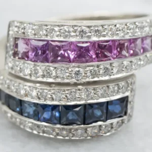 Pink and Blauw Sapphire Diamond Bypass Ring met DIN 471 norm