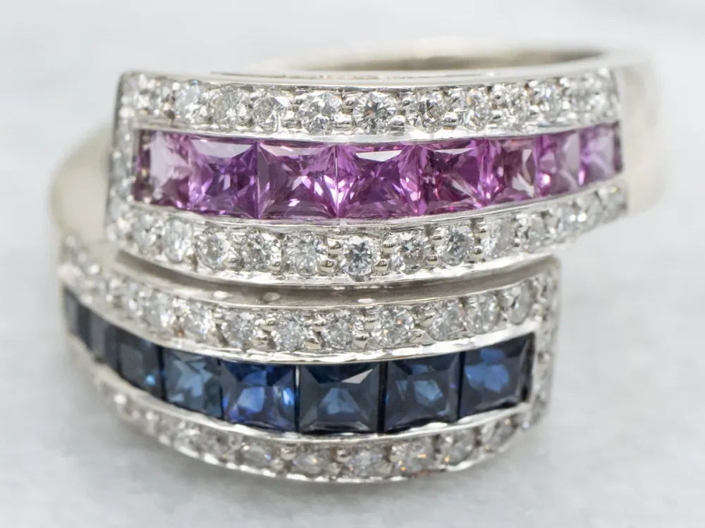 Pink and Blauw Sapphire Diamond Bypass Ring met DIN 471 norm