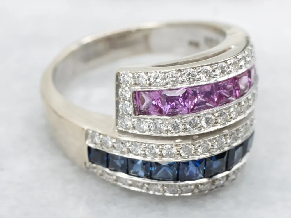 Pink and Blauw Sapphire Diamond Bypass Ring met DIN 471 norm