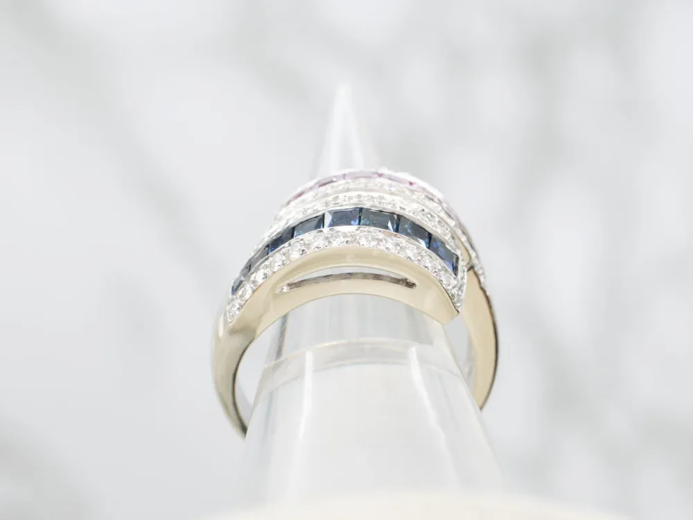 Pink and Blauw Sapphire Diamond Bypass Ring met DIN 471 norm