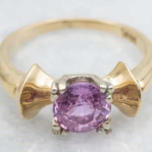 Retro Framboos Sapphire Ring, 14K Yellow and White Gold Bow Shape